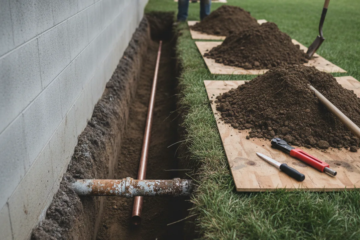 Excavated water line trench during Water Heater Repair in Hampton
